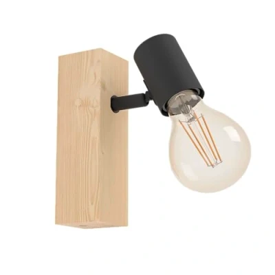 Afbeelding van EGLO wandlamp Townshend 3, vintage muurlamp in industrieel ontwerp, retro wand lamp van staal en hout, kleur zwart, bruin, E27 fitting, FSC gecertificeerd