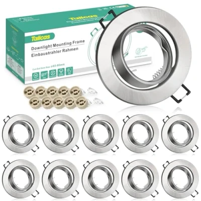Afbeelding van Tailcas 10 delige inbouwspots GU10 set frame 230V incl. fitting, LED 68mm gatdiameter in geborsteld roestvrij staal, 30 draaibaar rond inbouwframe voor of halogeenlampen