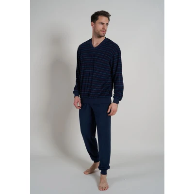 Afbeelding van Blauwe badstof pyjama strepen Blauw Maat 58