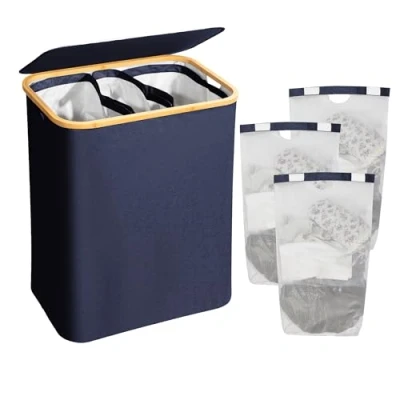 Afbeelding van AdelDream wasmand, 3 vakken, 160 liter, bamboe, blauw 06 9