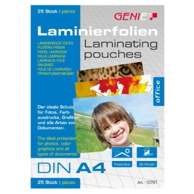 Afbeelding van Genie 10781 lamineerfolie (transparant, 80 micron, formaten tot DIN A4, geschikt voor alle lamineerapparaten) 25 A4. transparant