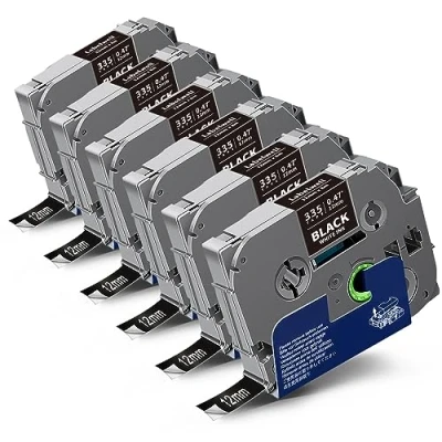 Afbeelding van Labelwell compatibele TZe 335 12 mm 0,47 wit op zwart labeltape voor Brother TZe335 TZ tape P touch PT H100LB PTH107B PTH105 PTH110 E100 D210 D600 PTD400 H107B P700, 6 pack