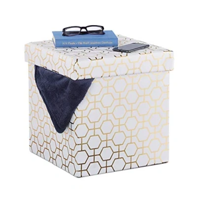 Afbeelding van Relaxdays poef opvouwbaar, gepolsterde kruk met deksel, geometrisch design, opbergruimte, 38x38x38 cm, wit goud