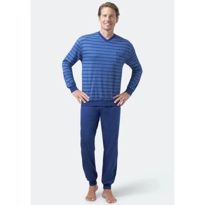 Afbeelding van Blauwe heren pyjama strepen Hajo Blauw Maat 60
