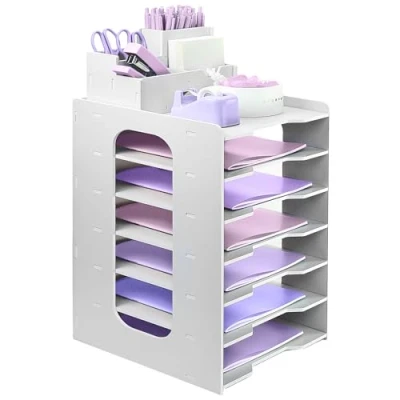 Afbeelding van Brievenlade organizer, A4 papieren archiefladen, 7 laags kantoorarchieflade, bureaumap opgeruimde organizer met stapelbare archieflade, bureaupapierorganizer pennenhouder (wit)