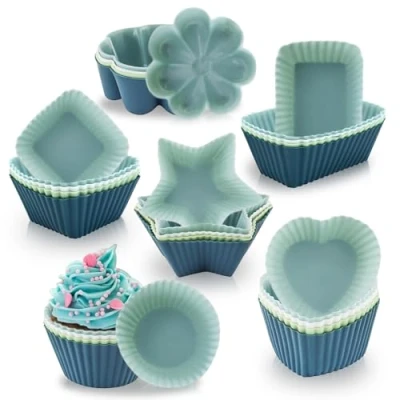 Afbeelding van mizikuu 24 Stuks Siliconen Muffinvormpjes, Herbruikbare Muffinvormpjes 6 Soorten Vormpjes 4 Kleuren Cupcakevormpjes Met Antiaanbaklaag Voor Cake, Crème, Pudding