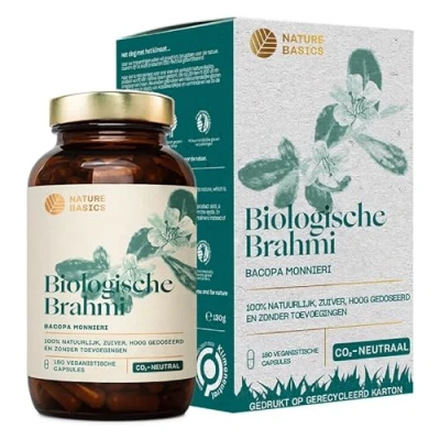 Afbeelding van Nature Basics® Biologische Brahmi gecertificeerd duurzaam in een potje 180 stuks veganistisch dagelijkse dosis 1000mg Bacopa Bonnieri Ayurveda voedingssupplement