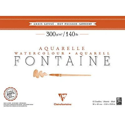 Afbeelding van Clairefontaine 96351C Aquarelblok Fontaine Satiné (100% hader, fijnkorrelig, glad, geschikt voor natte en droge technieken, zuurvrij, 300 g, 30 x 40 cm, 12 vellen) wit