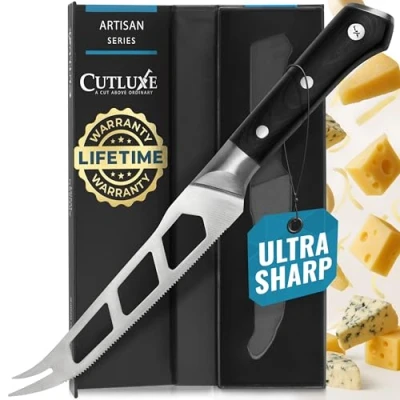 Afbeelding van Cutluxe Kaasmes 13 cm voor zachte en harde kaas getand lemmet, vork anti aanbaklaag Duits staal met hoog koolstofgehalte ergonomische handgreep handwerkserie