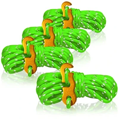 Afbeelding van COM FOUR® 4x scheerlijnen elk 4m voor kamperen, reflecterend in groen tentkoord met aluminium gesp spankoord campingkoord touwspanner tenttouw stormband