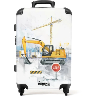 Afbeelding van NoBoringSuitcases.com® Kinderkoffer groot Kindertrolley koffer Graafmachine Kraan Bouwplaats Rolkoffer lichtgewicht Reiskoffer met 4 wielen Grote trolley XL 20 kg bagage
