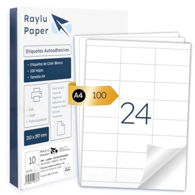 Afbeelding van Raylu Paper ® zelfklevende witte etiketten om af te drukken, papieren stickers op A4 vellen voor inkjetprinters, laser en fotokopieerapparaten, 24 per vel (70 x 35 mm)