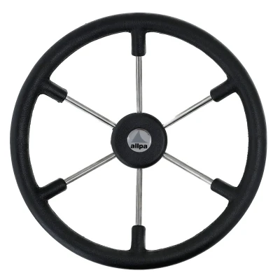 Afbeelding van 6 spaaks stuurwiel leader tanegum rvs met zwarte polyurethaan rand a=370mm. b=100mm
