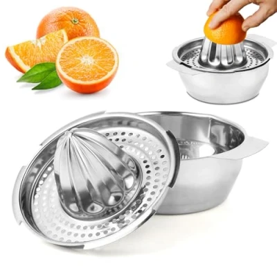 Afbeelding van Handmatige citruspers van roestvrij staal, diameter 13,8 cm, vaatwasmachinebestendig, professionele kwaliteit, voor limoenen, grapefruit en sinaasappels