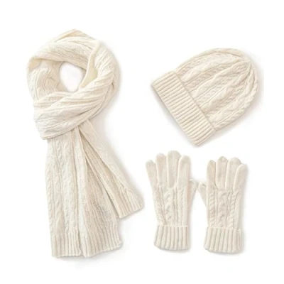 Afbeelding van Villand 3 in 1 wollen muts voor dames, sjaal en handschoenen, wintersets, delige gebreide met geschenkdoos, wit, One size
