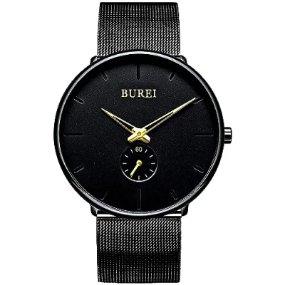 Afbeelding van BUREI herenhorloge Minimalistische ultradunne zwarte wijzerplaat met gouden wijzerplaat, analoog uniseks quartz horloge roestvrijstalen meshband