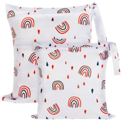 Afbeelding van Vicloon wasbare luiertas, 2 stuks Droge Natte tas, Baby Tas Met ritssluiting, Waterdichte Herbruikbare Wet Bag Organizer voor luiers, zwemkleding of vuile was ritssluiting regenboogstijl