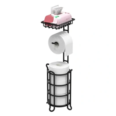 Afbeelding van TreeLen Zwarte vrijstaande toiletrolhouder tissuerollendispenser met plank voor extra mega rollen matzwarte afwerking