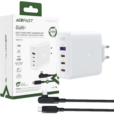 Afbeelding van Acefast snelle GaN lader 3xUSB C/1xUSB A 100W wit + haakse kabel USB C 2m