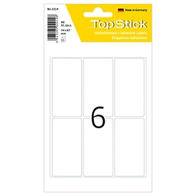 Afbeelding van TopStick 2214 huishou etiketten (34 x 67 mm, 15 vellen, papier, mat) zelfklevend, permanente klevende multifunctionele voor handschrift, 90 etiketten, wit
