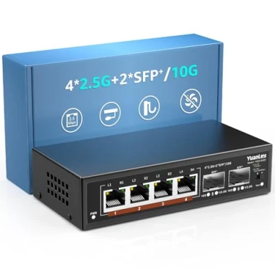 Afbeelding van 6 poorts 2.5G Umanaged Ethernet switch, 4 x Base T poorten, 2 10G SFP, 100/1000/2500M compatibel, metalen ventilatorloos, desktop/wandmontage YuanLey 2.5Gbe netwerkswitch voor draadloze AP,