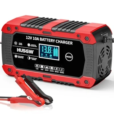 Afbeelding van 10 Amp auto acculader, 12 V 7 traps opladen Smart LCD schermonderhouder/pulsreparatie acculaderpakket voor auto, motorfiets, loodzuur/lithiumbatterijen en AGM.