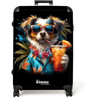 Afbeelding van NoBoringSuitcases.com® Koffer groot Reiskoffer lichtgewicht Hond in tropische sferen Rolkoffer met 4 wielen Grote trolley XL 98 liter bagage