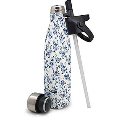 Afbeelding van Nerthus Dubbelwandige fles voor warme en koude vloeistoffen, BPA vrij, 500 ml, roestvrij staal, met bloemenboommotief strostop, origineel