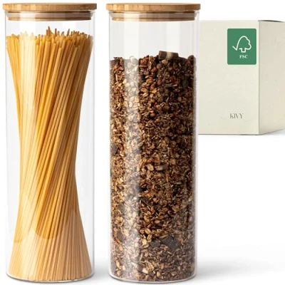 Afbeelding van KIVY voorraadpotten set [2 x 1800ml] Luchtdichte glazen met deksels van duurzaam bamboe, glas, voorraadbussen spaghetti, voorraaddozen pasta