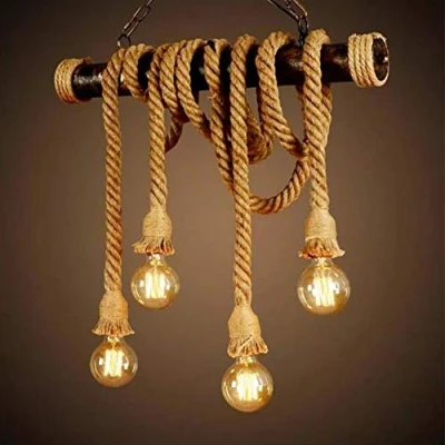 Afbeelding van Hanglamp Vintage Touwlamp Plafondlamp Henneptouwlamp Retro Industriële Loft Kroonluchter Rustieke Woonkamer Eetkamer Hangende Balkon Cafe Verlichting (4 * E27)