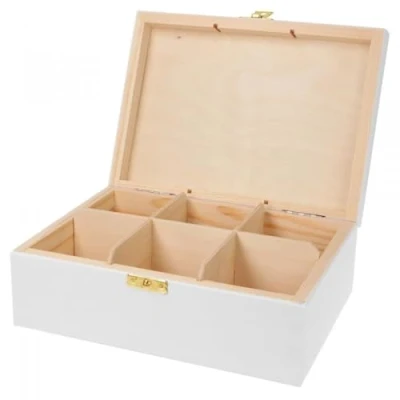 Afbeelding van Wooden World Houten Theedoos organizer met scheidingswand voor 5 losse theesoorten Wit