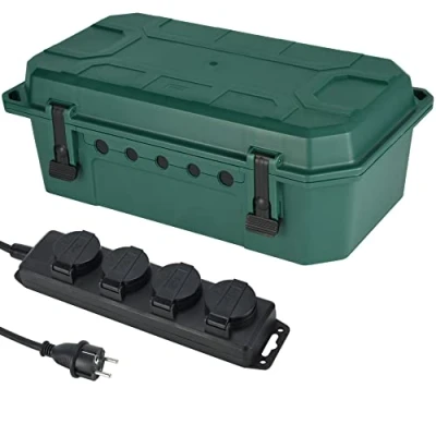 Afbeelding van Electraline 300181 Waterdichte beschermdoos voor buiten weerbestendig IP54 met stekkerdoos inbegrepen 4 IP44 stopcontacten doppen, 5M kabel H05RR F 3G1.5 Afmeting 390x228x138 mm