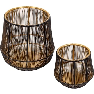 Afbeelding van Gadgy Waxinelichthouder Rond Theelichthouders Set van 2 Sfeerverlichting binnen Kaarsenhouders voor Waxinelichten Rattan Groot 15,5x16 cm Klein 9x10