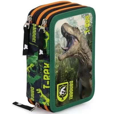 Afbeelding van Julian Ross Drievoudig gevuld etui voor kinderen, 45 accessoires de basisschool, 3 ritssluitingen, georganiseerde vakken, kleurpotloden, viltstiften, lijm, schaar, danger, pennenhouder