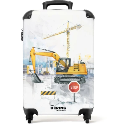 Afbeelding van NoBoringSuitcases.com® Kinderkoffer Kindertrolley Graafmachine Kraan Bouwplaats Handbagage koffer lichtgewicht Reiskoffer trolley Rolkoffer met wieltjes Past binnen 55x40x20 en 55x35x25