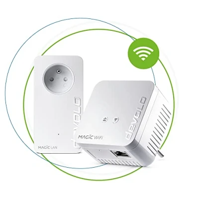 Afbeelding van devolo Magic 1 WiFi 4 (n) Mini Starter Kit: 2 x Powerline Adapter (1200 Mbit/s, Fast Ethernet poorten), ideaal voor thuiswerk, gaming, streaming, Frans stopcontact