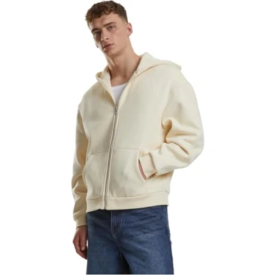 Afbeelding van Urban Classics Capuchontrui voor heren, pluizige hoodie met ritssluiting, oversized pasvorm, witzand., M