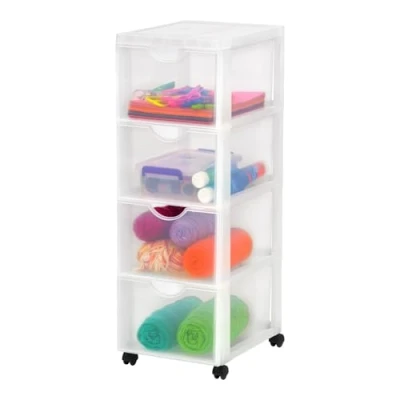 Afbeelding van Iris Ohyama, Toren, Ladekast, Kunststof opbergorganizer met ergonomisch handvat, 15L, 4 laden, wielen, BPA vrij, Kantoor, Slaapkamer, Woonkamer, DDDC 304, wit