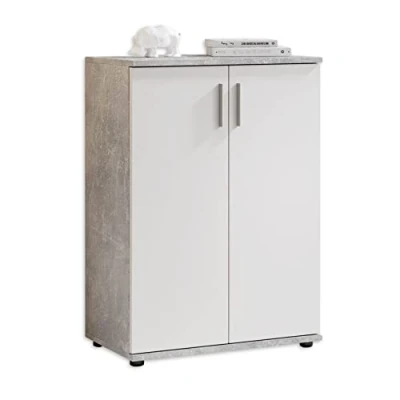 Afbeelding van Stella Trading BOBBY commode in betonlook, wit, modern dressoir met veel opbergruimte voor je woonkamer, 60 x 82 35 cm (b h d)