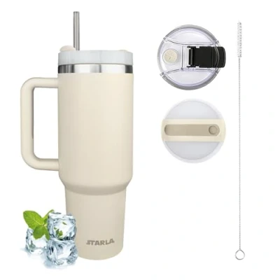 Afbeelding van STARLA Thermosbeker 1,2 l met handvat en rietje, 2 deksels, lekvrij, dubbelwandige roestvrijstalen vacuüm geïsoleerde beker, koffiebeker, to go, autobeker, reisbeker voor warm koud (Crème)