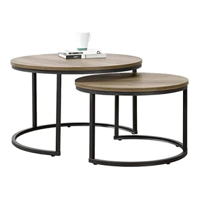 Afbeelding van Salontafel Estergom rond set van 2 houtkleurig en zwart