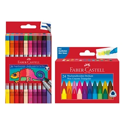 Afbeelding van Faber Castell 205030 School Set met 24 stuks etui waskrijtjes en 20 delig dubbele viltstiften