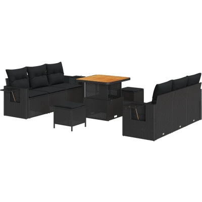 Afbeelding van vidaXL 9 delige Tuin Sofa Set met Kussens Zwart Poly Rattan Acacia