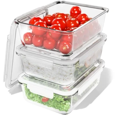Afbeelding van Classbach ® Maaltijdbereidingsdozen, glazen bakjes met deksel, set van 3 geschikt voor vaatwasser, magnetron en oven, voedselbewaardozen gezond eten, 3x 1040ml C FHD 4020 G, transparant