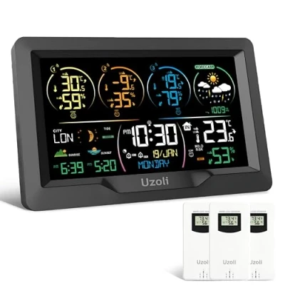 Afbeelding van Uzoli Weerstation met 3 buitensensoren draadloos radiogestuurde klok kleurendisplay weervoorspelling thermometer voor binnen en buiten hygrometer luchtdruk zonsopgang/ondergang getijden maanfase EM3390