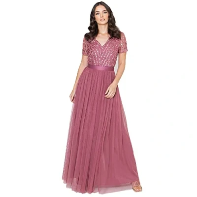 Afbeelding van Maya Deluxe Vrouwen Maxi Jurk Dames Bruidsmeisje V hals Plus Size Baljurk Korte Mouwen Lange Elegante Empire Taille, Desert Rose, 24