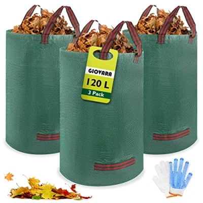 Afbeelding van GIOVARA Tuinafvalzak, opvouwbare tuinzak, herbruikbare bladzak, 3 x 120 l, zelfstaand, tuinzak van robuust polypropyleenweefsel, hoge capaciteit, waterdicht, tuinafvalcontainer