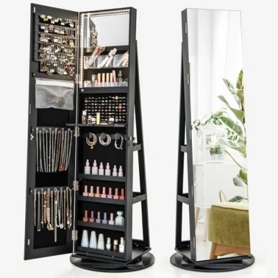 Afbeelding van COSTWAY Sieradenkast met led, spiegelkast, 360 graden draaibaar, frameloze full body spiegel, sieradenorganizer afsluitbaar, sieradenopslag (zwart)