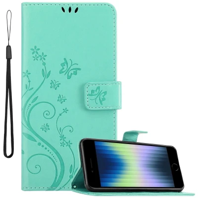 Afbeelding van Cadorabo Hoesje geschikt voor iPhone SE4 in BLOEMEN TURKOOIS Beschermhoes bloemmotief met magnetische sluiting, standfunctie en kaartsleuven Book Case Cover Etui