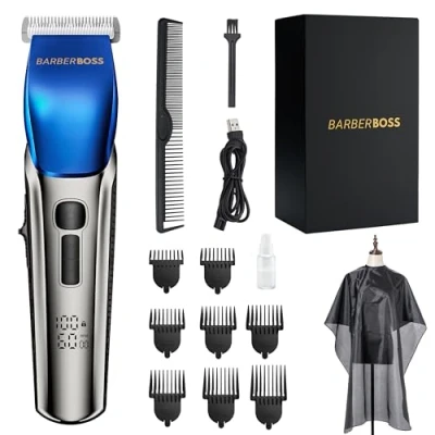 Afbeelding van BarberBoss Tondeuse Heren, Baardtrimmer 4 snelheden, Keramisch mes, 8 opzetkammen, LED display, Opladen via USB, Waterdicht, Haarverzorgingsset, QR 2083